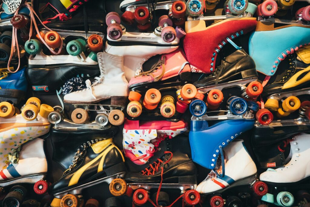 Assortment of colorful roller skates displayed